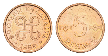 Финляндия 5 пенни 1969 KM 45 медь UNC 4649-167