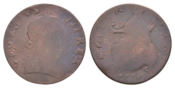 Великобритания 1/2 пенни 1777 подделка в ущерб обращению. Брак - монета отчеканена с перевернутыми цифрами. В 1770-ых годах по оценкам специалстов 2/3 монет с номиналом в 1/2 пенни были фальшивыми. Георг III (1760-1820) медь 413-2533