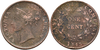 Стрейтс-Сетлментс 1 цент 1845 Виктория (1837-1901), Ост-Индская компания KM 3 медь 4590-212