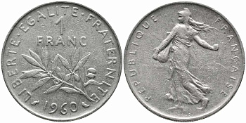 ФРАНЦИЯ 1 ФРАНК 1960 СЕЯТЕЛЬ KM 925.1, LE FRANC 226.4 никель 85-814