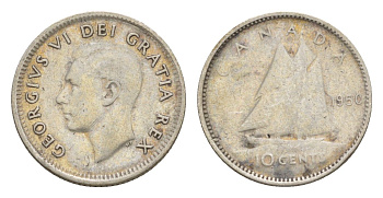 Канада 10 центов 1950 Георг VI (1936-1952), парусник KM 43 серебро 4639-554