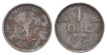 Норвегия 1 эре 1943 Хокон VII (1905-1957) KM 387 железо 4701-543