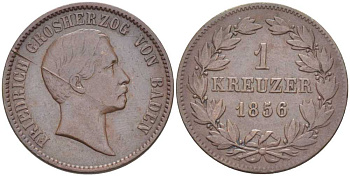 Баден 1 крейцер 1856 Великий Герцог Фридрих I (1856-1907), раскол штемпеля КМ 232 медь 441-712