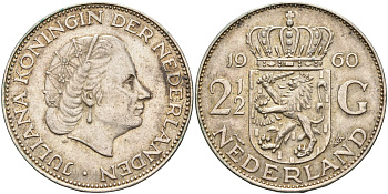 Нидерланды 2 1/2 гульдена 1960 Юлиана (1948-1980) KM 185 серебро 4578-125