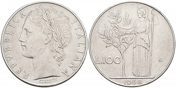 ИТАЛИЯ 100 ЛИР 1968 R АФИНА KM 96.1 сталь 3855-746