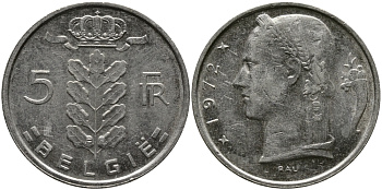 Бельгия 5 франков 1972 Belgie, Бодуэн I (1951-1993) KM 135.1 медно-никель 98-555