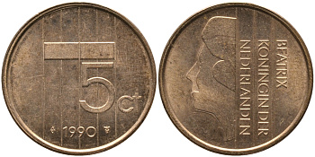 НИДЕРЛАНДЫ 5 ЦЕНТОВ 1990 БЕАТРИКС KM 202 бронза 65-1252