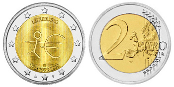 Люксембург 2 евро 2009 10 лет монетарной политики ЕС (EMU) и введения евро KM 107 биметалл UNC M44-15