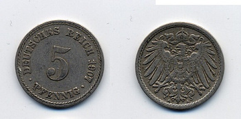 ГЕРМАНИЯ 5 ПФЕННИГОВ 1907 A, KM 11, J. 12 медно-никель 84-957