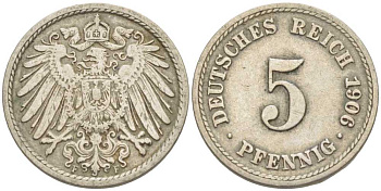 ГЕРМАНИЯ 5 ПФЕННИГОВ 1906 F KM 11, J. 12 медно-никель 105-118