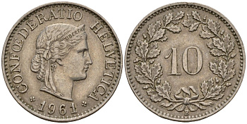 Швейцария 10 раппенов 1961 B KM 27 медно-никель 4189-357