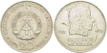 ГДР 20 марок 1972 А, Фридрих Шиллер (1759-1805) KM 40 медно-никель 4521-636