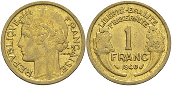 Франция 1 франк 1940 тип Морлон KM 885, LE FRANC 219.11 алюминиевая бронза 3853-216