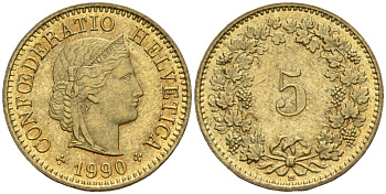 Швейцария 5 раппенов 1990 KM 26c алюминиевая бронза 4608-464