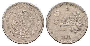 Мексика 5 песо 1982 Мо, бог Кетцалькоатцаль (пернатый змей) KM 485 медно-никель 4654-717