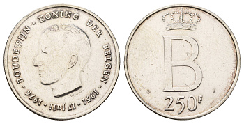 Бельгия 250 франков 1976 25 лет правления Бодуэна I, der Belgen KM 158 серебро 1519-1424