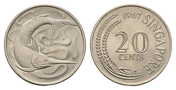 Сингапур 20 центов 1967 голубой марлин, тунец KM 4 медно-никель UNC 4579-1013