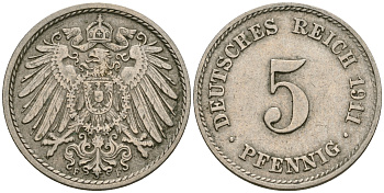 Германия 5 пфеннигов 1911 F KM 11, Jager 12, Weege 6 медно-никель 4608-945