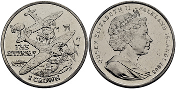 Фолклендские острова 1 крона 2008 самолеты II ой мировой войны, супермарин Спитфайр KM 153 медно-никель UNC M80-09