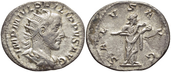 Римская Империя антониниан 244 - 247 Филипп I Араб, SALVS AVG, Салюта, персонификация Здоровья, Рим, Good Very fine RIC 46b серебро 1073-15-16