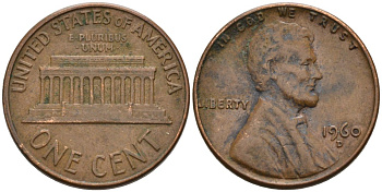 США 1 цент 1960 D, Линкольн KM 201 медь цинк 4564-335