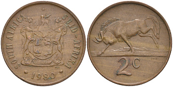 ЮАР 2 цента 1981 герб, антилопа гну KM 83 бронза 4561-724