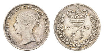 Великобритания 3 пенса 1863 Виктория (1837-1901) KM 730, Spink 3914 серебро 1526-441
