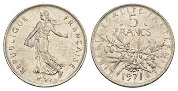 Франция 5 франков 1971 сеятель KM?926a.1, Le Franc 341.3 медно-никель плакированный никелем 4185-316