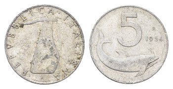 Италия 5 лир 1954 R, дельфин, плуг KM 92 алюминий 4705-156