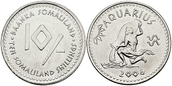 Сомалиленд 10 шиллингов 2006 СЕРИЯ ЗНАКИ ЗОДИАКА, ВОДОЛЕЙ KM NEW никелированная сталь UNC 540-833