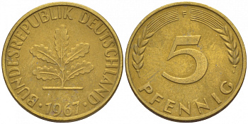 ФРГ 5 ПФЕННИГОВ 1967 F KM 107, J. 382 сталь плакированная латунью 3996-1138