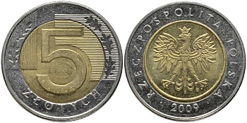 Польша 5 злотых 2009 MW KM 284 биметалл 93-613