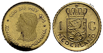 Нидерланды 1 гульден ND игровой жетон, Вильгельмина (1890-1948), молодой портрет золото PROOF 413-3823