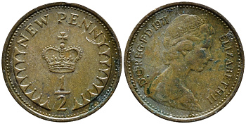 Великобритания 1/2 пенни 1971 Елизавета II (1952-2022) KM 914, Spink 4239 бронза 4392-467