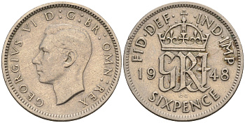 Великобритания 6 пенсов 1948 Георг VI (1936-1952) KM 862, Spink 4105 медно-никель 4588-618