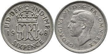 Великобритания 6 пенсов 1948 Георг VI (1936-1952) KM 862, Spink 4105 медно-никель 100-546