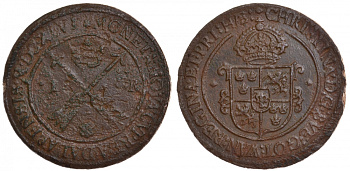 Швеция 1 эре 1646 Кристина (1632-1654), диаметр 47 мм, вес 51,58 гр, увеличенный вес, монетный двор Авеста KM 162.2 медь 1082-10-31