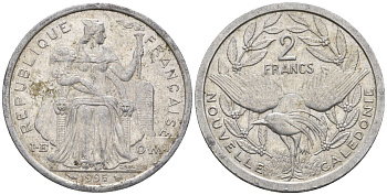 Французская Новая Каледония 2 франка 1995 птица кагу, (IEOM) KM 14, Schoen 11, Lec 68 алюминий    23-836