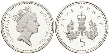 Великобритания 5 пенсов 1990 Елизавета II (1952-2022), в оригинальной коробке, с сертификатом KM 937c, Spink 4372 серебро PROOF 5-6-4-7