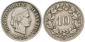 Швейцария 10 раппенов 1921 B KM 27 медно-никель 4169-1125