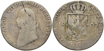 ПРУССИЯ 4 ГРОША 1802 A, ФРИДРИХ ВИЛЬГЕЛЬМ III (1797-1840) КМ 370 серебро 4390-253