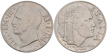 ИТАЛИЯ 20 ЧЕНТЕЗИМО 1940 R, ГОД XVIII, ВИКТОР ЭММАНУИЛ III (1900-1946), СЛАБО МАГНИТНАЯ, ГУРТ РИФЛЁНЫЙ KM 75d, VEM3. 1026a) нержавеющая сталь 3853-535