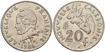 Французская Новая Каледония 20 франков 1986 три быка, (IEOM) KM 12, Schoen 14, Lec 112 никель 4123-244