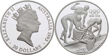 Австралия 20 долларов 1993 Олимпийские игры 1996, плавание, 100 лет Олимпийскому движению (1896-1996) KM 219 серебро PROOF 00-00