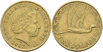 Новая Зеландия 2 доллара 2002 Елизавета II (1952-2022), большая белая цапля KM 121 алюминиевая бронза 00-00