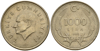 Турция 1000 лир 1990 Кемаль Ататюрк KM 997 медь цинк никель 4601-656