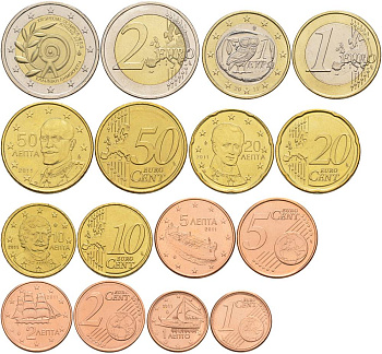 ГРЕЦИЯ ЕВРОНАБОР ИЗ 8 МОНЕТ 2011 1, 2, 5, 10, 20, 50 ЕВРОЦЕНТОВ, 1 И 2 ЕВРО UNC 68-841