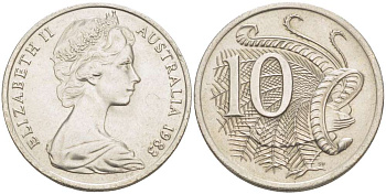 Австралия 10 центов 1982 Елизавета II (1952-), птица лирахвост KM 65 медно-никель 4519-426