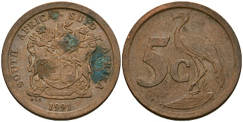ЮАР 5 центов 1991 синий журавль, герб KM 134 сталь плакированная медью 08-1467