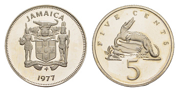 Ямайка 5 центов 1977 FM, тираж 10.000 экземпляров KM 53 медно-никель PROOF 1528-1441